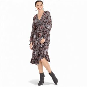 Maurice’s Gray Floral Lace Trim long sleeve tiered hem chiffon gypsy Midi Dress